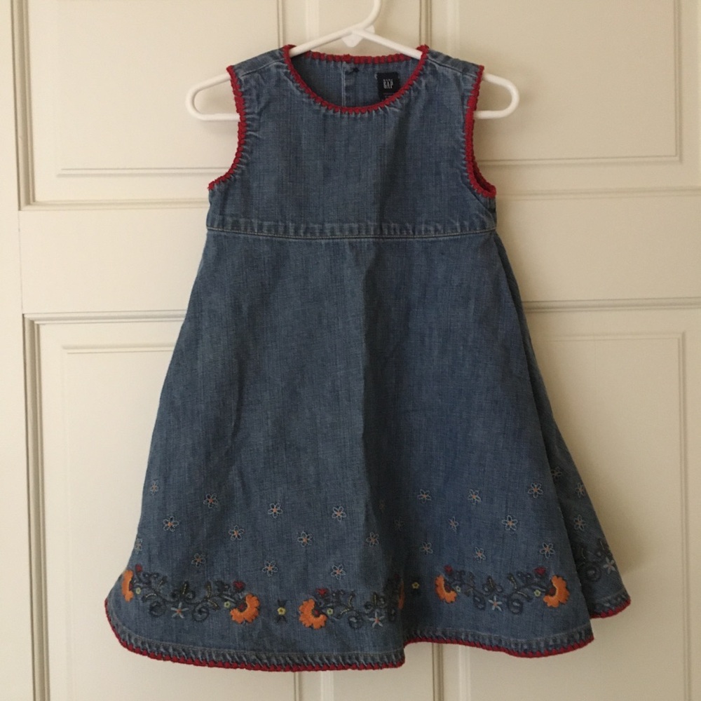 VTG Baby Gap Girls Dress 2 Yrs Denim Cotton Sleeveless Jumper Embroidered Floral